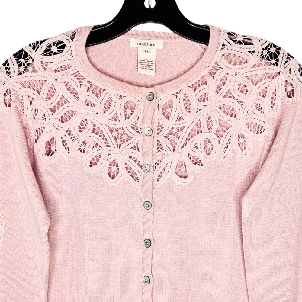 Sundance Pink Cotton Crochet Lace Inset Button Up Cardigan